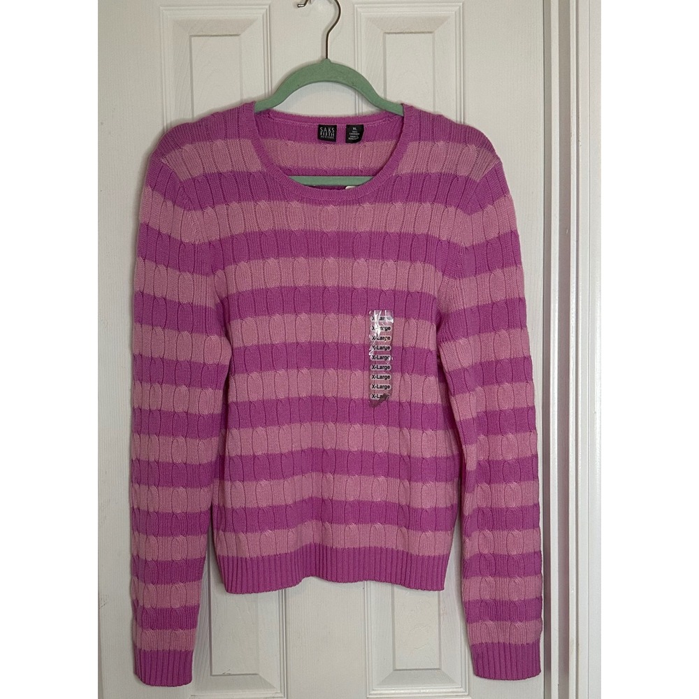 Saks Fifth Avenue 100% Cashmere Cable Knit Striped Sweater Pink Purple XL